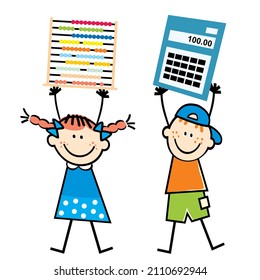 Dos niños con abacus y calculadora, divertida ilustración vectorial
