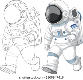 Two children in astronaut suits, one colored, one outlined