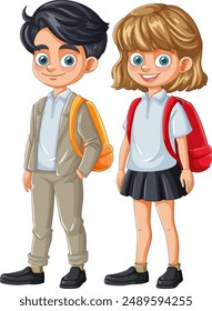 Dos niños con mochilas, sonrientes y de pie