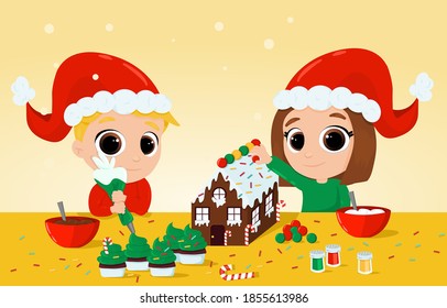 two children baking cookies for christmas