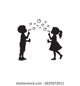 Two children blowing bubbles a black silhouette against a white background silhouette child kid kids