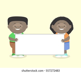 Two children, a boy and a girl, African American, keep information poster. Vector cartoon