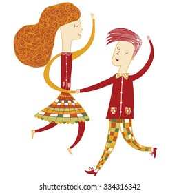 Two children a boy and a girl dancing full of happiness. Dance school vector illustration.