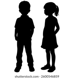 Two children, a boy and a girl, are depicted in silhouette. The boy stands facing forward with his hands in his pockets, while the girl stands slightly turned, her hands behind her back. 