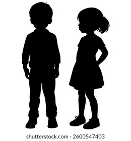 Two children, a boy and a girl, are depicted in silhouette. The boy stands with hands casually placed in his pockets, while the girl stands with a hand on her hip