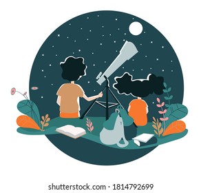 Two children, a boy and a girl, are looking at the stars and the moon in the clearing at night. 
