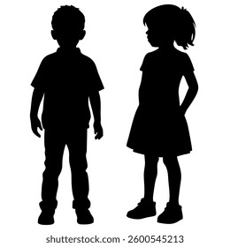 Two children, a boy and a girl, are presented in silhouette. The boy wears a collared shirt and pants, while the girl is in a dress with her hands in her pockets