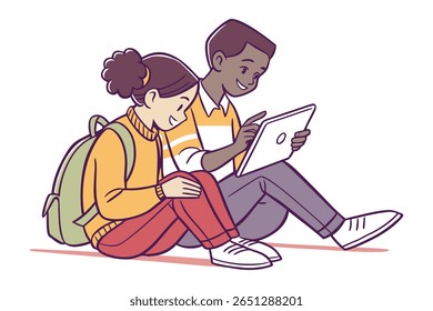Two children, a boy and a girl, sit close together, smiling as they interact with a tablet, suggesting shared learning and digital engagement.