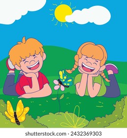 two children, a boy and a girl were laughing happily seeing a butterfly landing on a flower. vector illustration