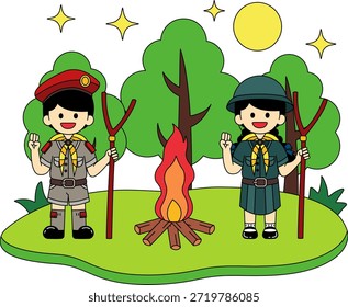 Dos niños con uniformes de Boy Scouts están parados junto a un incendio