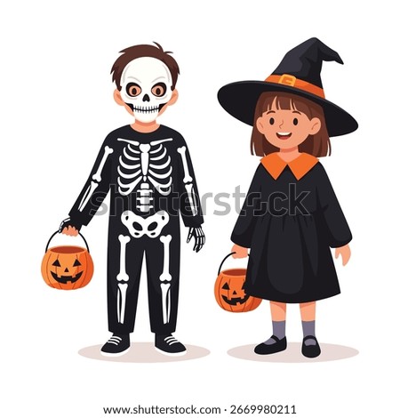 Two children, a boy in a skeleton costume and a girl in a witch costume, stand side-by-side holding jack-o'-lanterns.  They are dressed for Halloween trick-o...