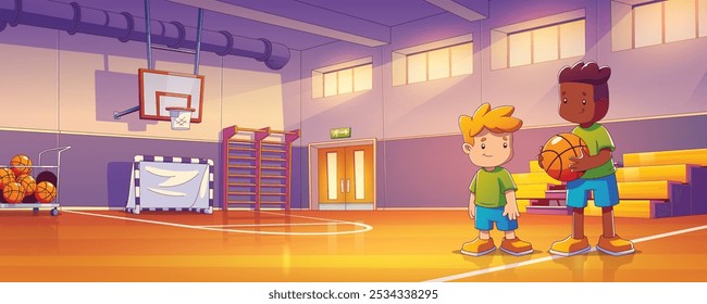 Two children boys in school gym ready for sports. Cartoon vector kids in sportswear in spacious exercise room with stacked basketball balls and hoop, soccer goal gate, benches and activity equipment.