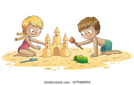 Dos niños construyen un castillo de arena. Ilustración vectorial dibujada a mano con capas separadas.