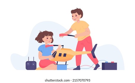 Two Children Building Helicopter Together. Radio Controlled Aircraft Flat Vector Illustration. Aeromodelling, Hobby, Entertainment, Childhood Concept For Banner, Website Design Or Landing Web Page