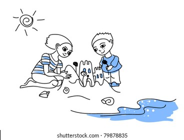 Two children building sand castle near water