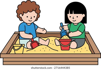 Dos niños construyendo estructuras de arena juntos