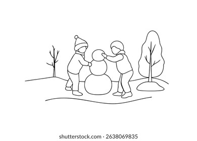 Two children building a snowman line drawing winter fun