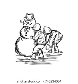 two children building a snowman vector illustration sketch hand drawn with black lines, isolated on white background