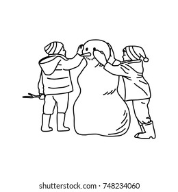 Two Children Building A Snowman Vector Illustration Drawing With Black Outlines, Isolated On White Background