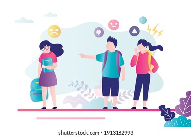 Two children bully girl at school or college. Aggressive boy points finger at upset schoolgirl. Concept of teenage bullying, humiliation and discrimination. Social problem. Flat vector illustration