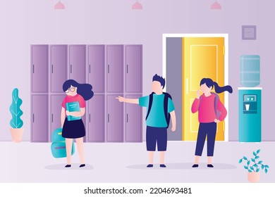 Two Children Bully Girl At School Or College. Aggressive Boy Points Finger At Upset Schoolgirl. Concept Of Teenage Bullying, Humiliation And Discrimination. Social Issues. School Hall Interior. Vector