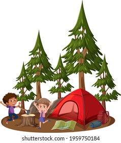 Two children with camping tent on white background illustration