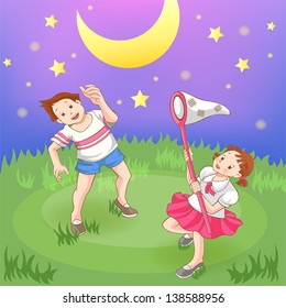 Two children is catching stars in the field, create by vector