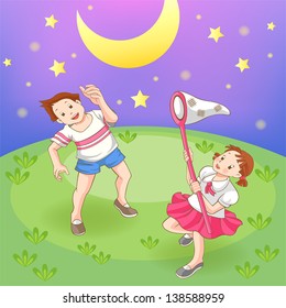  Two children is catching stars in the field, create by vector (soft grass version)