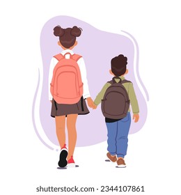 Two Children Characters With Backpacks Walking Hand In Hand Towards School, Rear View. Excitement And Anticipation In Their Steps As They Head Towards Education. Cartoon People Vector Illustration