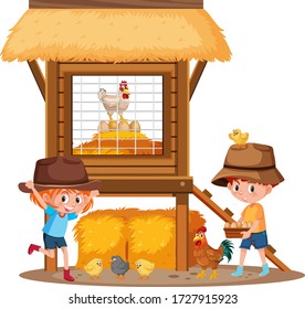 Two children and chickens on the farm illustration