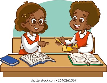 Two children classmates sitting at desk in classroom and chatting, Various students sitting at desk with school supplies and backpacks, children sharing their belongings
