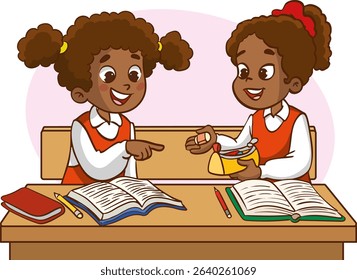 Two children classmates sitting at desk in classroom and chatting, Various students sitting at desk with school supplies and backpacks, children sharing their belongings