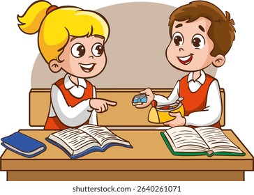 Two children classmates sitting at desk in classroom and chatting, Various students sitting at desk with school supplies and backpacks, children sharing their belongings