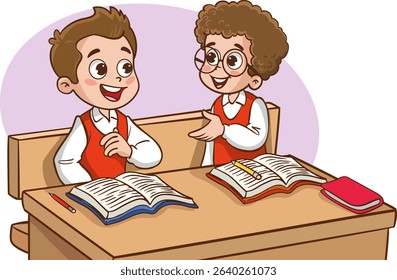 Two children classmates sitting at desk in classroom and chatting, Various students sitting at desk with school supplies and backpacks, children sharing their belongings