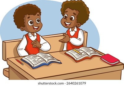 Two children classmates sitting at desk in classroom and chatting, Various students sitting at desk with school supplies and backpacks, children sharing their belongings