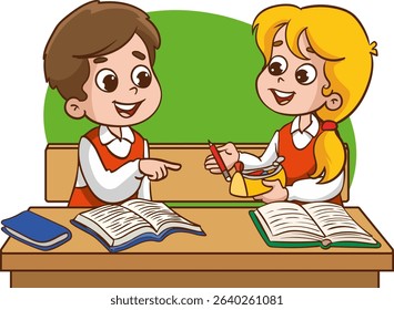 Two children classmates sitting at desk in classroom and chatting, Various students sitting at desk with school supplies and backpacks, children sharing their belongings