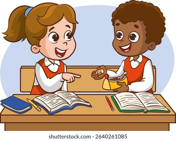 Two children classmates sitting at desk in classroom and chatting, Various students sitting at desk with school supplies and backpacks, children sharing their belongings