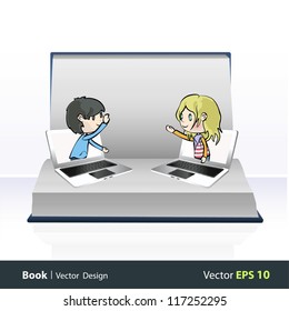 Two children communicating from computers inside a open Pop-up book. Vector design.