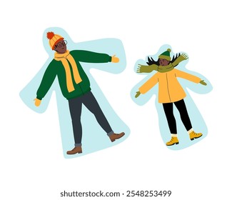 Two children creating snow angels in a winter landscape with bright clothing