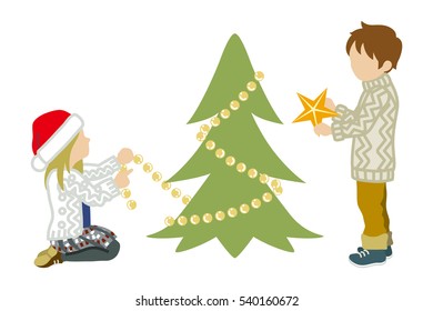 Two Children Decorating Christmas tree