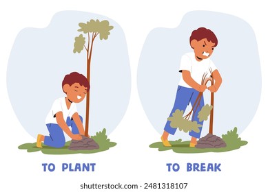 Dos Niños Manifestando Opuestos. Un Niño Plantando Un Árbol Con Una Expresión Feliz, Y Otro Niño Rompiendo Un Árbol Con Una Expresión Enojada. Conceptos De Creación Y Destrucción Del Vector De Dibujos Animados