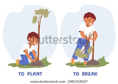 Two Children Demonstrating Opposites. One Child Planting A Tree With A Happy Expression, And Another Child Breaking A Tree With An Angry Expression. Cartoon Vector Concepts Of Creation And Destruction