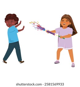 Two children of different ethnicities celebrating Holi together, symbolizing unity and the inclusive nature of the festival