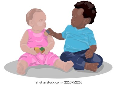 Dos niños de diferentes nacionalidades juegan en el suelo con cubitos. Gráficos vectoriales. Fondo transparente.