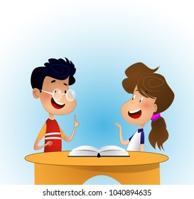 Two children discussing some book. Preschool activities and early childhood education. Vector cartoon illustration