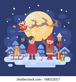 Two children with dog playing outside on a snowy winter night. Boy with a sled and a puppy. Girl pointing at Santa Claus in a sleigh with reindeer. Christmas characters greeting card flat illustration