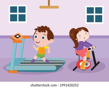 Dos niños haciendo ejercicio en la cinta de correr y haciendo ejercicio en bicicleta en casa