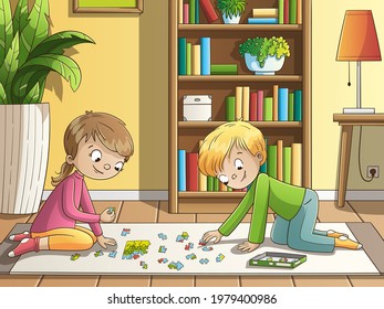 Two children doing puzzle. Hand drawn vector illustration with separate layers.