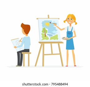 Two children drawing in class - cartoon people characters isolated illustration on white background. Smiling happy girl standing at the easels and painting, a boy sitting with a sketch-board