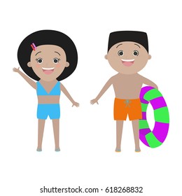 Two children dressed in beach isolated on white background. Boy and girl African American. Vector cartoon